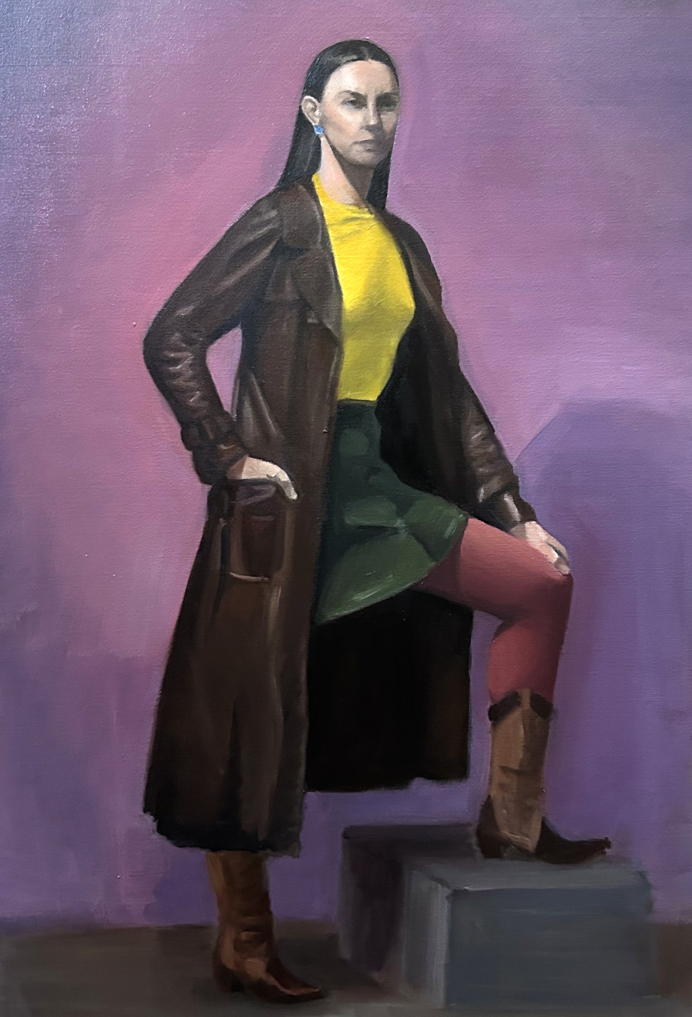 Oil painting of a standing woman in a long brown coat against a violet ground